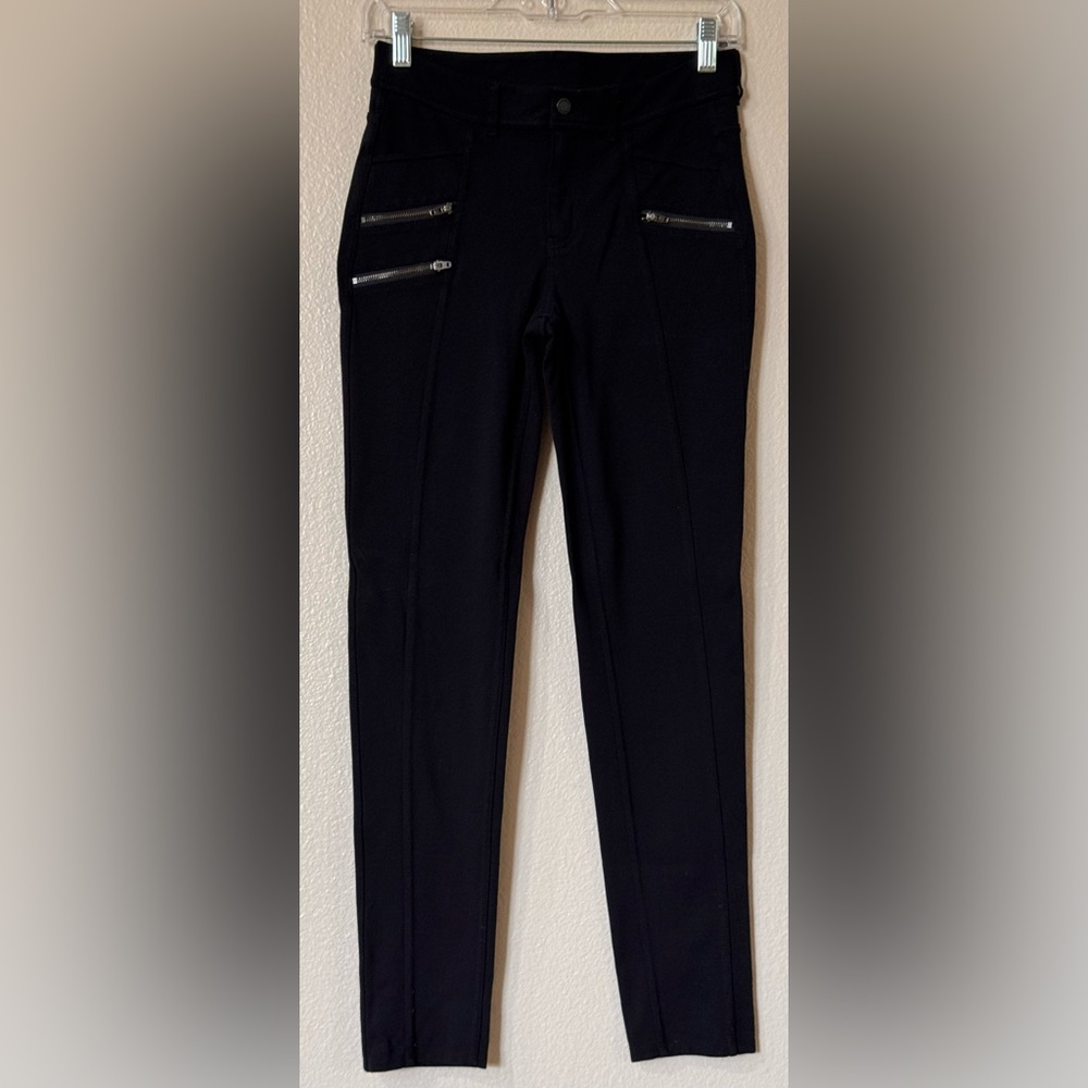 Athleta Ponte Moto 2.0 Skinny Pants Black Mid Rise Zipper Detail Sz 2